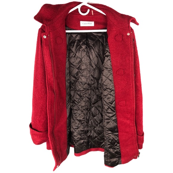 Calvin Klein Red Wool Blend Hooded Mid-Length Toggle Coat - Picture 3 of 12